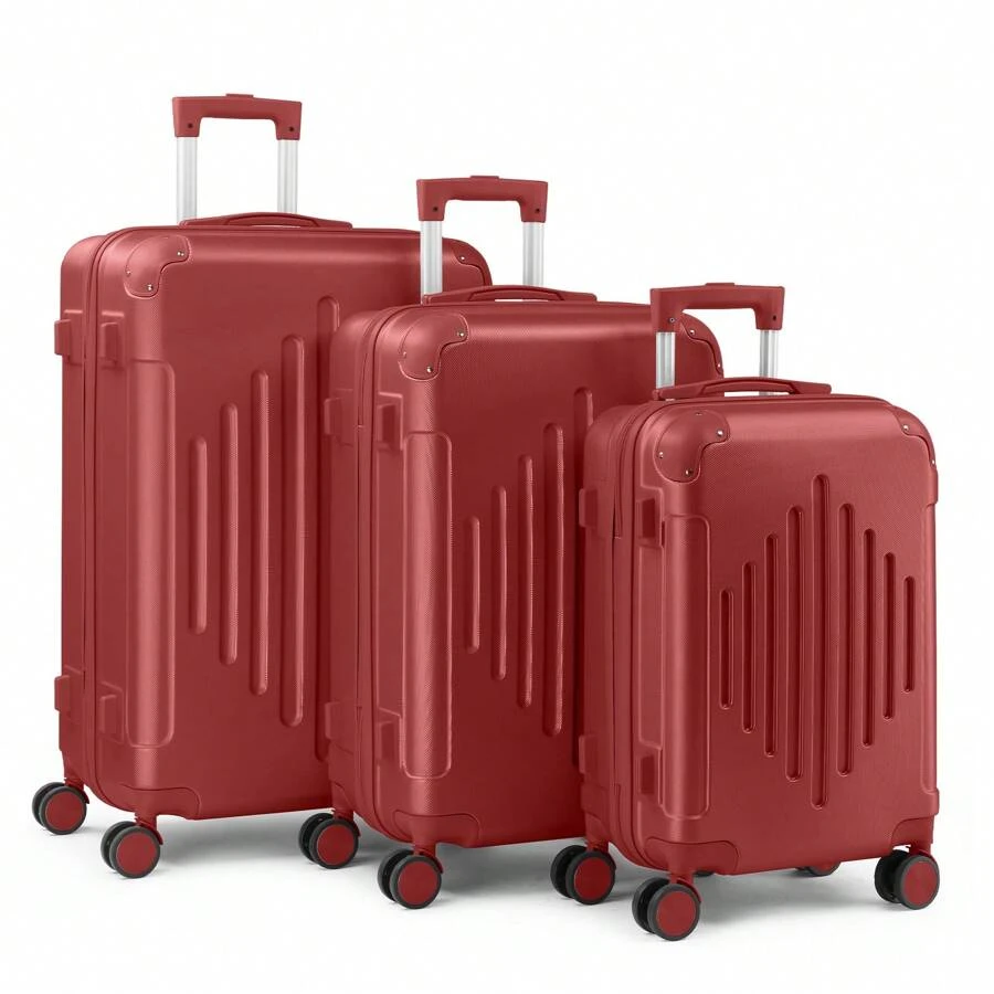 3 Piece Travel Suitcase With Corner Protectors, 20/24/28 Inch, Durable Hard Shell, 360 Degree Spinner Wheels, Multifunctional, Large Capacity, Lightweight, Fashionable Multicolor - 3 In 1 Wine Red - View 1