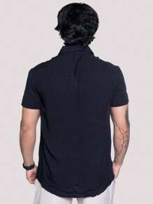 Linen Shirt Short Sleeve Formal Summer Fresh Italian Collar Elegant In Visco-Linen - Dark Wash - View 2