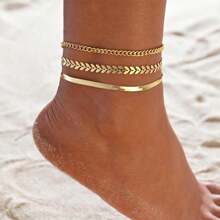 MONALLY 3pcs/Set Gold Color Fashionable Simple Chain Anklets For Women Beach Foot Jewelry Leg Chain Stainless Steel Ankle Bracelets 18K Gold Plated Accessories Gift - Yellow Gold - View 12