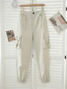 Women's Solid Color Webbing Design Cuffed Casual Utility Pants, Versatile - Light Grey - View 4