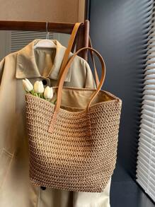 1 pieza Bolso de hombro con cierre de gran capacidad, estilo casual de vacaciones, transpirable, tejido en beige, adecuado para señoras en primavera/verano, para artículos de playa, teléfono de viaje, billetera, lápiz labial, llaves, pañuelos, bolsas de almacenamiento