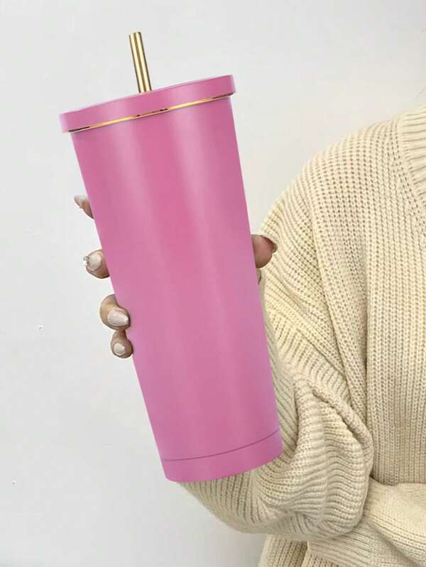 1pc Stainless Steel Mug With Straw, Large Capacity Vacuum Insulated Coffee Cup, Portable For Car Use, Gift
