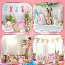 Easter Tiered Tray Decor Set 4Pcs Rustic Bunny Bow Easter Egg Wooden Signs Holiday Table Centerpieces - Multicolor - View 8