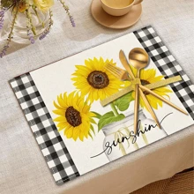 1/4/6pcs Sunflower Vase Summer Placemats, Sunflower & Vase Series Checkered Pattern Printed Polyester Linen Placemats, Table Mats, Hot Pads, Kitchen Decor, Western Dining Table Mats