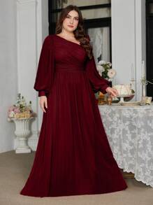 Plus Size Elegant Solid Color Chiffon Asymmetric Neck Neckline Three-Dimensional Floral Decoration Bridesmaid Dress, Party Dress, Wedding Guest Dress, Formal Dress, Evening Dress, Gown - 酒紅色 - 查看 5
