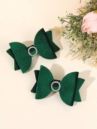 2pcs Dark Green Hair Bows For Girls Plain Velvet Bow Alligator Clips With Round Rhinestone Simple Hair Clips Elegant Barrettes Toddler Girls Bows Clips Kids Hair Accessories