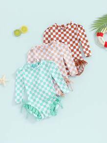 Girls Bikini Beach Swimwear Long Sleeve Checkerboard Print Ruffle Romper Bathing Suit - Caqui - Ver 8