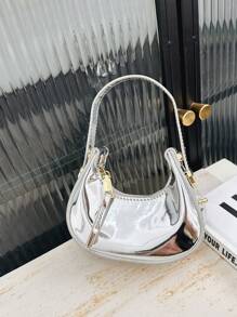 1 pieza Bolso mini infantil PU brillante con forma de media luna, correa de hombro ajustable, cierre de cremallera, bolso estético, moda casual y cómoda, suave y versátil, apta para salidas diarias, jugar, compras diarias y viajes de niñas