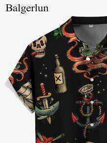 Men's Plus Size Halloween Skull Print Casual Vacation Outdoor Shirts, 3D Digital Printing Polo Collar Chest Pocket Anchor Octopus Shark Art Pattern Holiday Leisure Short Sleeve Shirts