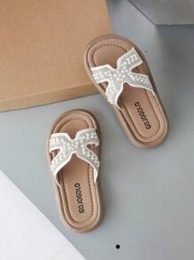 1 par de sandalias de dedo con tiras cruzadas decoradas con perlas y cristales para niñas/niños, color blanco - Beis - Ver 6