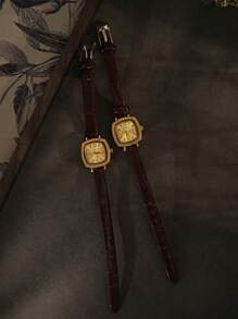 1pc New Vintage French Style Engraved Gold Square Small Dial Women's Watch, Fashion Minimalist Elegant Luxury Petite Waterproof Coffee Leather Strap Classic Quartz Ladies Wrist Watch Suitable For Daily Wear, Parties And Other Occasions - Coffee Brown - View 3