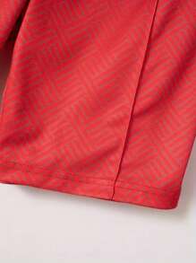 男士时尚休闲套装，拉链式 Polo 衫和短裤，数码印花 - 紅色 - 查看 7