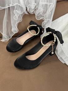Tacones gruesos elegantes con decoración de cristales y perlas para niña, talla grande, adecuados para vestidos formales y ocasiones, con correa de tobillo ajustable