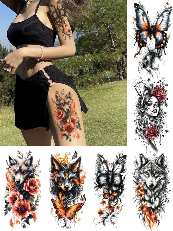 (6pcs/Pack) Colorful Animal & Flower Temporary Tattoos, Large Animal, Flower, Beauty Designs Body Art, Realistic, Waterproof, Scratch-Resistant, Suitable For Outdoor & Daily Use