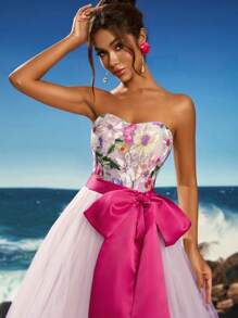 Anymoon Bustier Lace Embroidery Bow Decor Long Evening Dress, Formal, Party Dress, Gown, For Wedding Guest - Pink - View 10