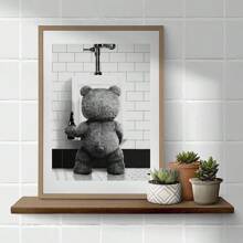 1 pièce - Image sur canevas abstraite style vintage d'un ours buvant de la bière et urinant dans les toilettes. Idéal pour décoration murale de salle de bain à la maison.