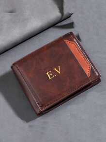 Personalized Customized Name Amber Pattern Initials Faux Leather Men's Vintage Style Wallet Business Casual Short Bifold With Card Slots For Travel Hiking And Everyday Use