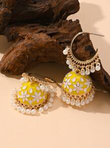 1 par de pendientes elegantes con aro y colgante de perla artificial, con decoración de flor con efecto de goteo de aceite, adecuado para uso diario, festivales, bodas y fiestas de mujeres