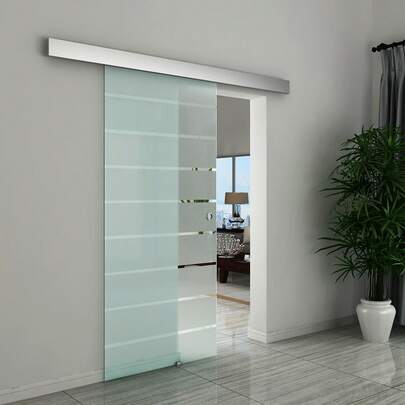  HOMCOM 90cm Sliding Glass Door Set Include Hardware Track Kit, Frosted Tempered Glass With Stripe Pattern, Round Handle