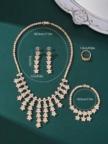 4pcs Exaggerated & Elegant Water Drop Flower Tassel Design Copper Cubic Zirconia Jewelry Set: Necklace, Earrings, Ring, Bracelet, Suitable For Women Wedding & Evening Wear