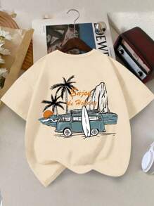 Camiseta de cuello redondo con estampado de playa para niño preadolescente, camiseta casual de verano para niños, camiseta suave