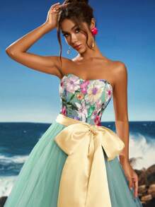 Anymoon 无肩带蕾丝贴花蝴蝶结装饰长款晚礼服、正式礼服、派对礼服、长袍，适合婚礼宾客 - 薄荷綠 - 查看 10