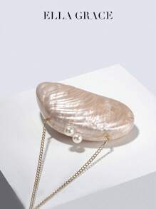 ELLA GRACE-Exquisite Bags With Shell-Inspired Designs - Distinctive Textures. Adorned With Two Pearls On Top, Stylish And Colorful - Ideal For Formal Dresses And Occasions, Also Great As Gifts For Parties, Weddings, Valentine's Day, Year-End Parties, Elegant Shell Bag,Perfect For Parties, Dinners & Banquets, Matches Wedding Dresses, Formal Wear, Prom Gowns, Birthday Outfits & Women's Party Attire - Beige - View 5
