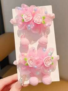 2pcs Kids Cute Floral Cartoon Hair Scrunchies, Flower Tulle Hair Ties For Girls, No Card Package