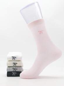 5 Pairs Ladies' Crew Socks, Cartoon Cute Solid Color Bow Design, Soft Comfortable Casual Fluffy Socks, Suitable For Daily Wear, Home, Office, Campus, Sports, All Seasons