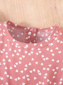 Young Girls Valentine's Day Fashion Heart Print Ruffle Hem Sleeveless Jumpsuit + Belt