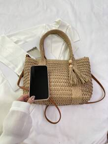 1pc Solid Color Fringed Woven Shoulder Bag, Versatile Casual Beach Bucket Tote Bag For Women, Suitable For Beach Vacation, Comes With Tassel Pendant