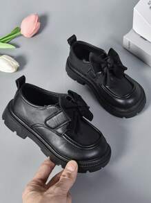 1 Pair Fashionable & Elegant Children's Loafers, Classic Retro Matte PU Leather, Stylish Bow Decor, Slip-On Design With Comfortable Lining, Suitable For Babies' Daily Wear, Matching Various Adorable Dresses, Attending Activities, Oxford-Style Shoes - Black - View 5