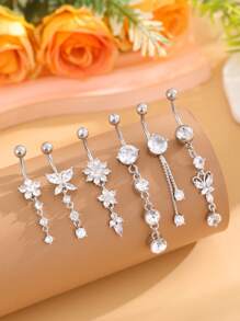 6pcs Gold Butterfly Chain Belly Button Rings Set, Classic Stainless Steel Piercing Pendant Jewelry For Women Daily Wear - Silver - View 11