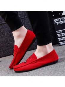 男士透气一脚蹬休闲皮革乐福鞋，轻便复古英伦风格莫卡辛鞋，夏季 - 紅色 - 查看 4