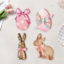 Easter Tiered Tray Decor Set 4Pcs Rustic Bunny Bow Easter Egg Wooden Signs Holiday Table Centerpieces - Multicolor - View 2