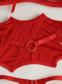 Woman's Lingerie Greener Mesh See Through Garter Bra Set Of 3 - 紅色 - 查看 5