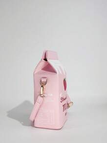 Fashionable Milk Carton Shaped Letter & Cow Print Crossbody Bag, With Detachable Strap And Zipper Closure, Casual Commuter Crossbody Bag, Suitable For Travel And Daily Use, Strawberry Pattern Square Bag , Pink - Pink - View 5