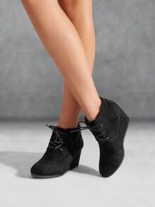 Omson Women's Casual Fashion Outdoor Lace Up Low Wedge Heel Booties Shoes