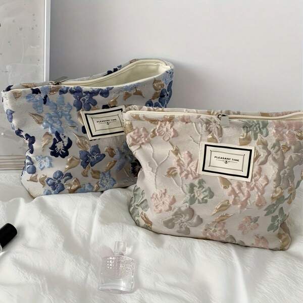 1 pieza Bolso de maquillaje con relieve floral, bolsa de cosméticos para mujer para almacenamiento de maquillaje, bolso de maquillaje de viaje para damas, estuche para lápices, bolsa de tocador de gran capacidad para pinceles de maquillaje, regalo para el Día de San Valentín, vacaciones, decoración para el hogar y el baño, artículos esenciales de playa, regreso a la escuela