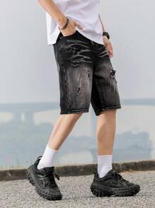 Straight-Leg Mid-Thigh Length Youth/Teen Denim Shorts - Black - View 3