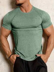 Men's Solid Color Sports Short Sleeve Compression Crew Neck T-Shirt, Summer Outdoor Activewear - Green - View 4