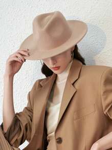 1pc Unisex Solid Color Felt Wide Brim Hat, Retro British Style Teardrop Crown Flat Brim Fedora Hat, Fashion Versatile European & American Large Head Circumference Bowler Hat, Suitable For Holidays, Gatherings, Parties, Daily Wear - MZ1460 - View 1