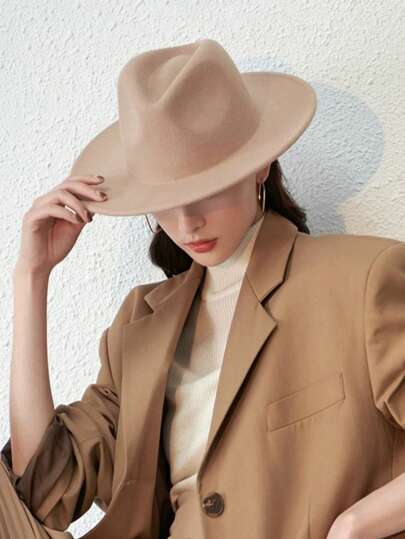 1pc Unisex Solid Color Felt Wide Brim Hat, Retro British Style Teardrop Crown Flat Brim Fedora Hat, Fashion Versatile European & American Large Head Circumference Bowler Hat, Suitable For Holidays, Gatherings, Parties, Daily Wear