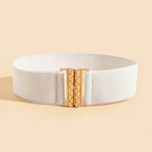 新款弹力腰带，时尚瘦身腰带，适合连衣裙、外套、西装，纯色几何图案金属扣腰带 - 白色 - 查看 8
