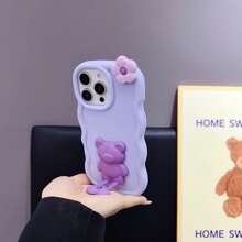 1pc Candy-Colored Wavy Floral & Small Bear Kickstand Phone Case Compatible With Iphone 16, Galaxy S24 Ultra, Infinix Smart 8/Infinix Hot 40i/Tecno Spark 20/Tecno Spark 20C/Tecno Spark Go 2024