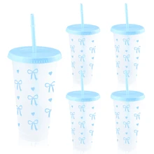 5/10pcs Pink And Red Ribbon Bow & Heart Plastic Tumblers With Straws And Lids, Ribbon Bow Flat Bottomed Cup, Pink Plastic Cup, Coffee Mug, Reusable, Suitable For Cold Drinks, Home, Office, Decoration, Party Gifts, Daily Use, Weddings, Commemoration Day, Afternoon Tea, Valentine's Day, Birthday, Parties, Water Bottle Back To School