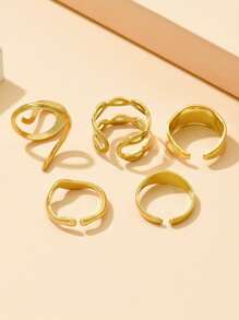 5 Stücke/Set asymmetrischer offener Boho-Stil Ring Set, verstellbare Ringe aus rostfreiem Stahl mit luxuriösem metallischen Gefühl, 18k vergoldet, nicht verblassender Schmuck für Frauen, zum Tragen auf Partys