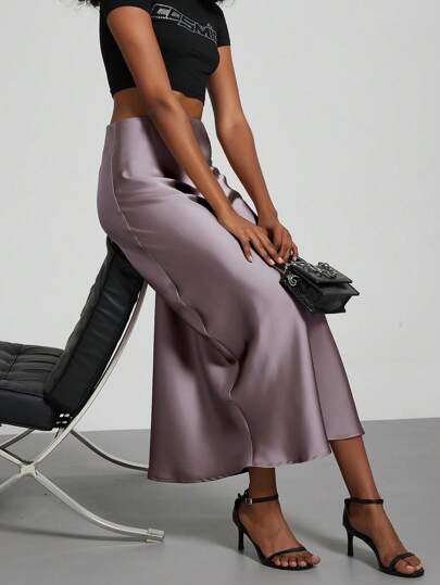 Se-Helo Fashion Women's Elastic Satin Feeling Satin Maxi Skirt - Gray Purple Casual Spring