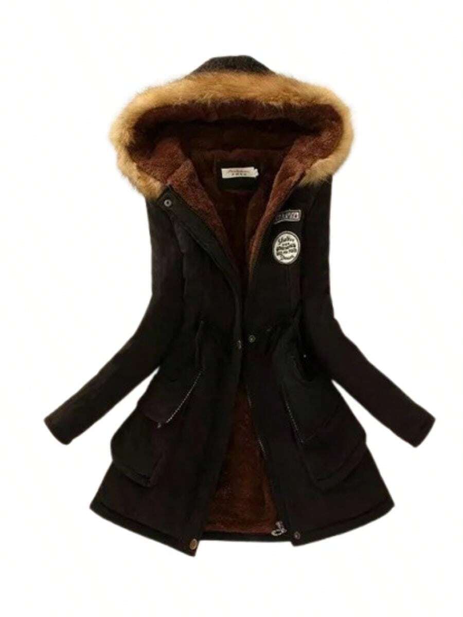 Abrigo de polar de algodón con capucha y cordón para mujer, chaquetas para mujer - Negro - Ver 1