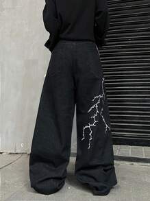1 stuk heren losse pasvorm bliksem borduurwerk flared jeans, vintage Americana hiphop streetwear